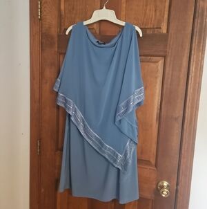 SLNY Dusty Blue Asymmetrical Layered Dress with Sequined Trim